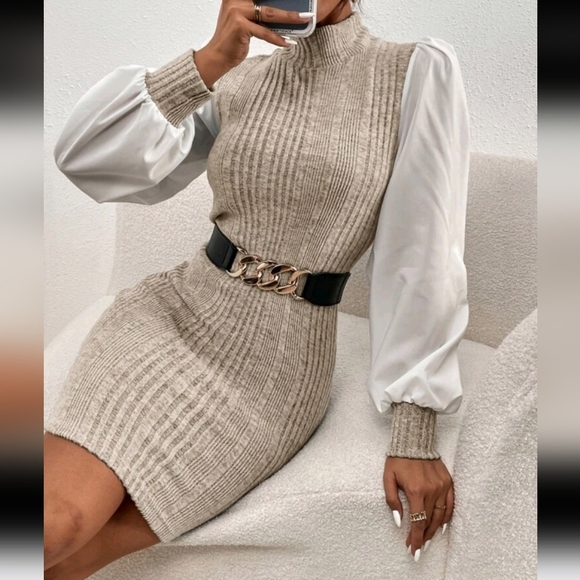 Dresses & Skirts - Bishop Sleeve Ribbed Stand Collar Dress